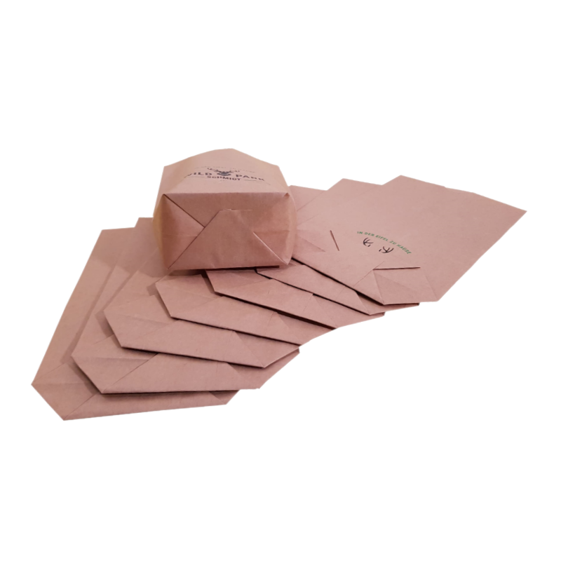 Kreuzbodenbeutel: der Zwitter aus Blockkbodenbeutel- und Flachbeutel, mit Boden- aber ohne Seitenfalte